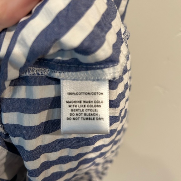 Lafayette 148 New York Blue and White Striped Textured Cotton Button Down Shirt - Picture 3 of 6